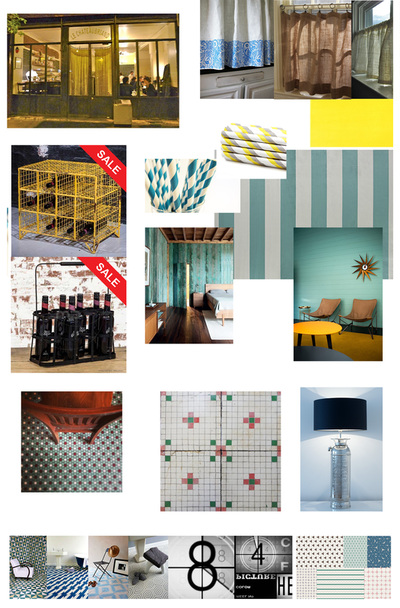 Interior design Mood boards for a colourful, industrial restaurant in shades of turquoise, yellow and silver