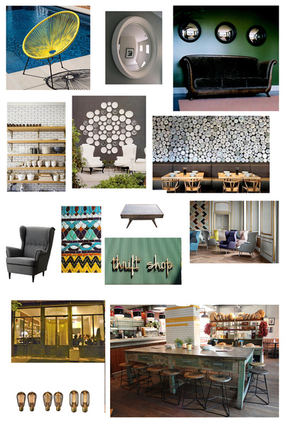 Design board showing ideas for seating and storage in contemporary London restaurant 'Melange'