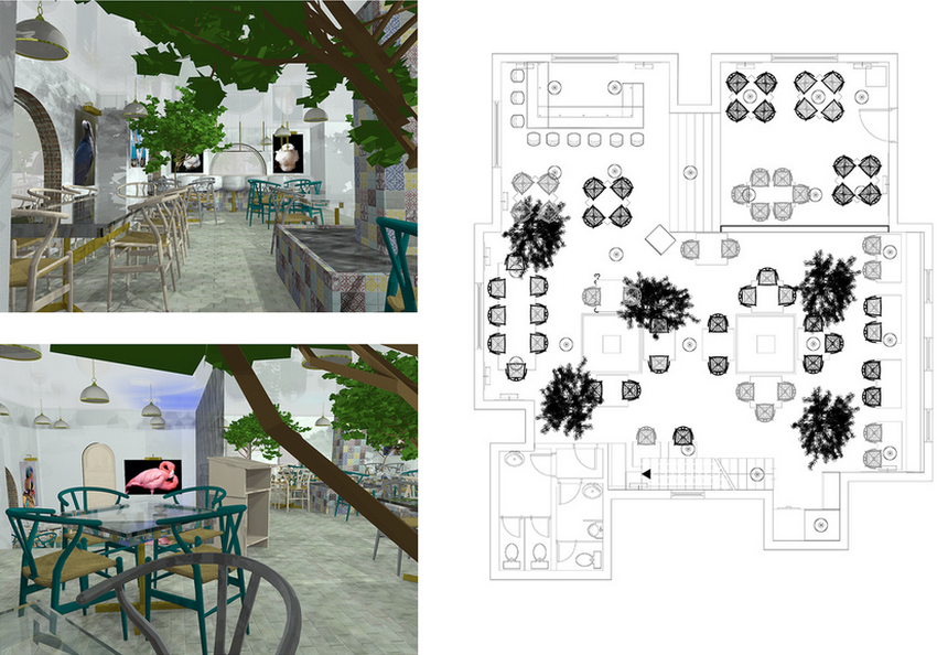 professional 2D and 3D Colour Interior Design Visualisations for Mediterranean Restaurant