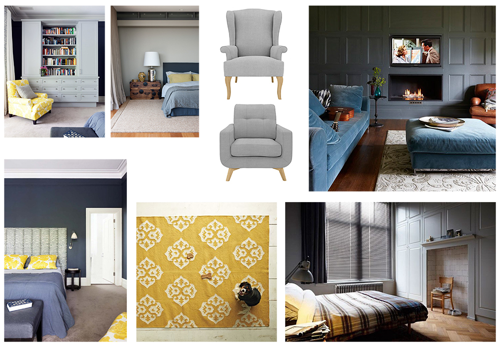 Sample Board for Yellow and Blue Bedroom Interior Design scheme